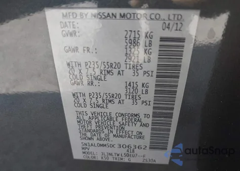 2013 Infiniti Jx35 z USA, uszkodzony, nr VIN 5N1AL0MM5DC306362